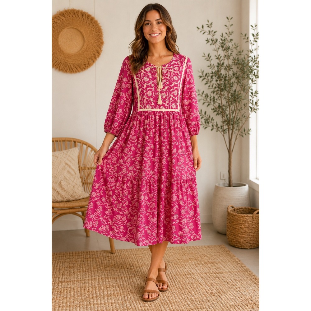 Ro's Garden Pink Floral Cotton Dress L Tassel Midi Boho Tiered Flowy Cool Garden